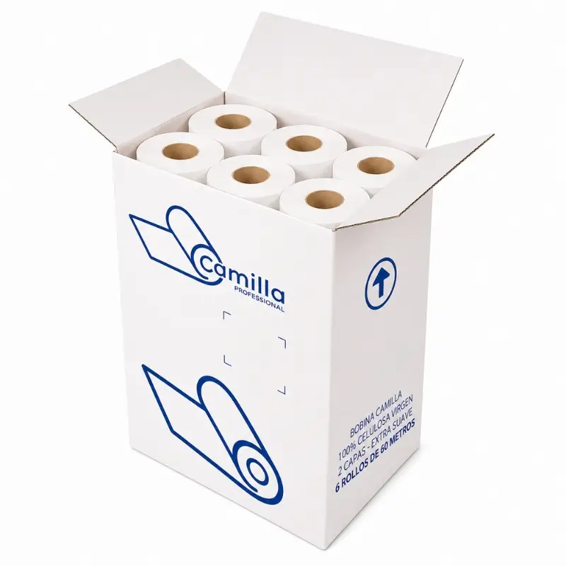 Rollo de camilla laminado de 60 m con precorte en caja de 6 rollos