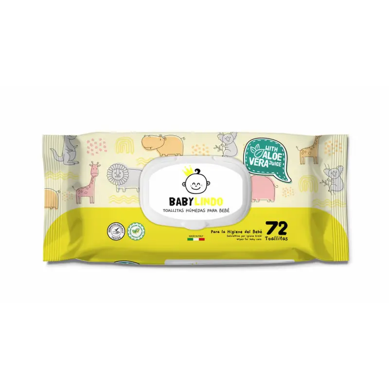Caja de 12 paquetes de toallitas húmedas Baby Lindo para bebés con aloe vera de 72 unidades