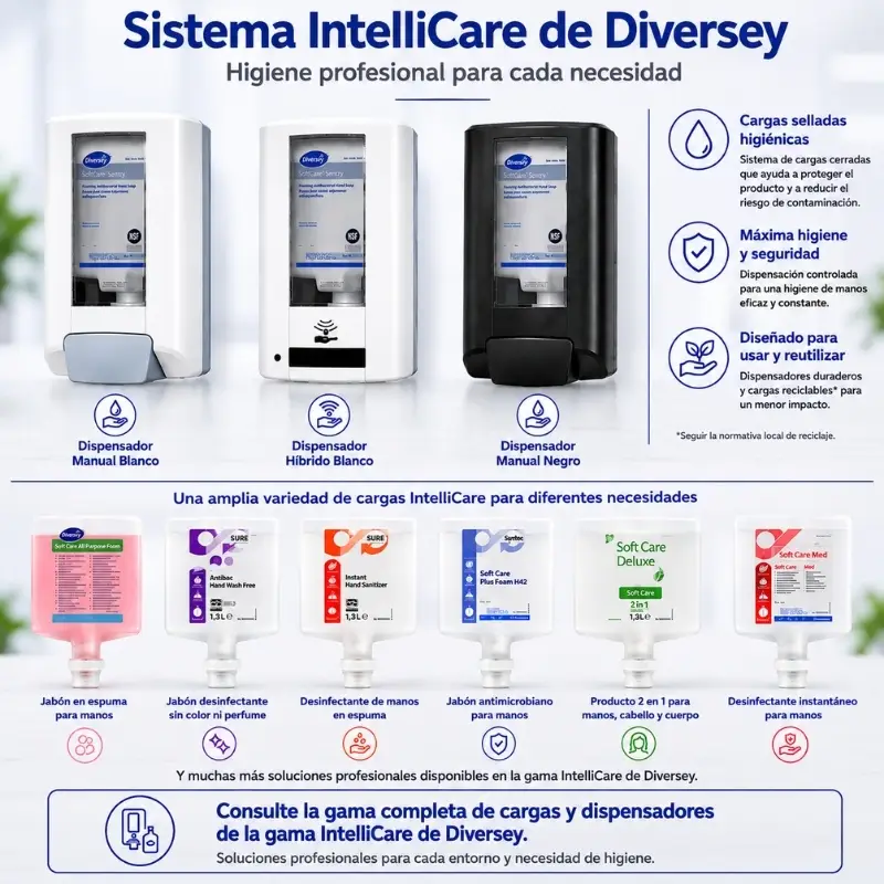 Sistema IntelliCare de Diversey con dispensadores y cargas para higiene profesional
